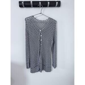 EUC Pewter Gray, dark silvery colored crocheted sweater, open front tunic length